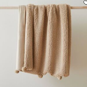 WEST ELM Cozy Sherpa Pom Pom Throw Blanket SABLE 47x60 NWT